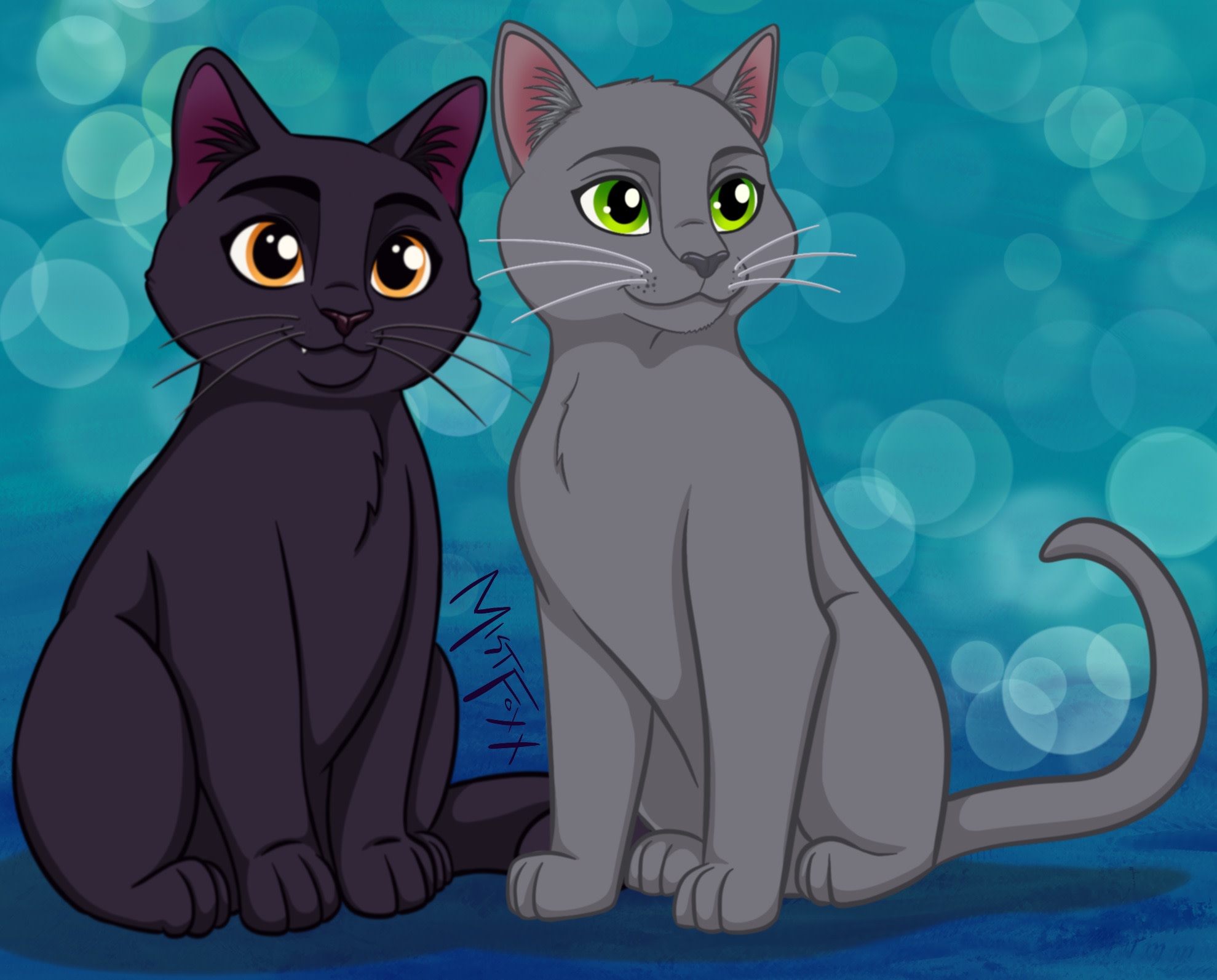 Digital portrait of a black cat with amber eyes and a grey cat with green eyes sitting together on a teal background