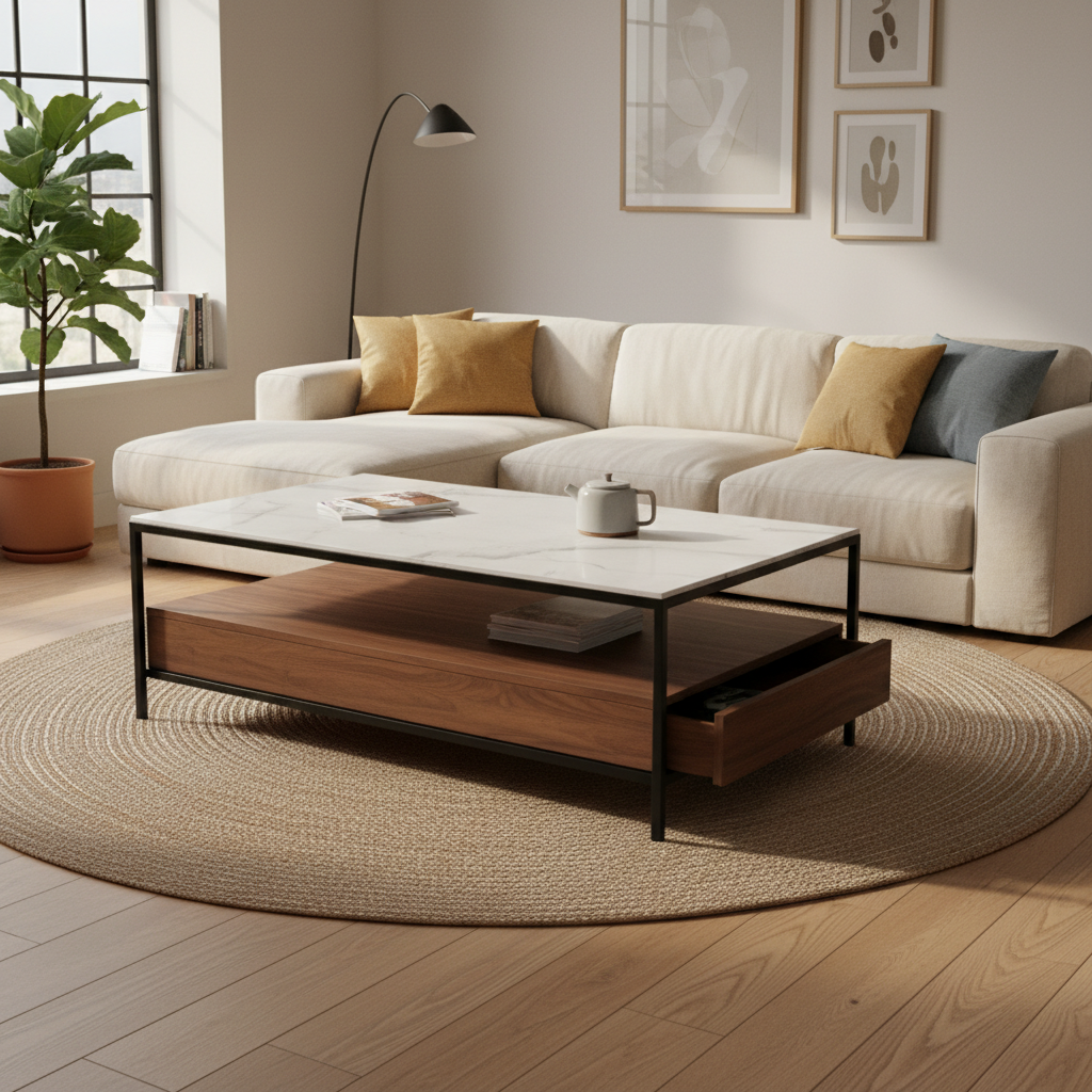 Modern coffee table combining marble and wood