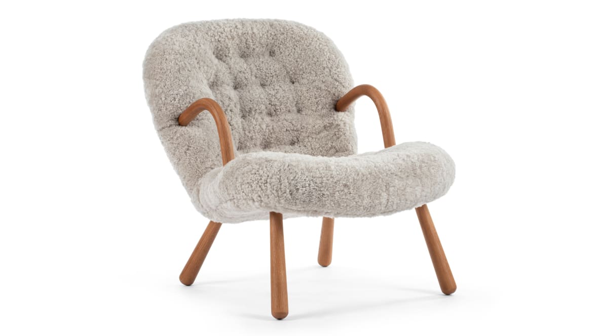Clam Chair, Soft Gray Luxe Sheepskin Clam Chair, Soft Gray Luxe Sheepskin image.
