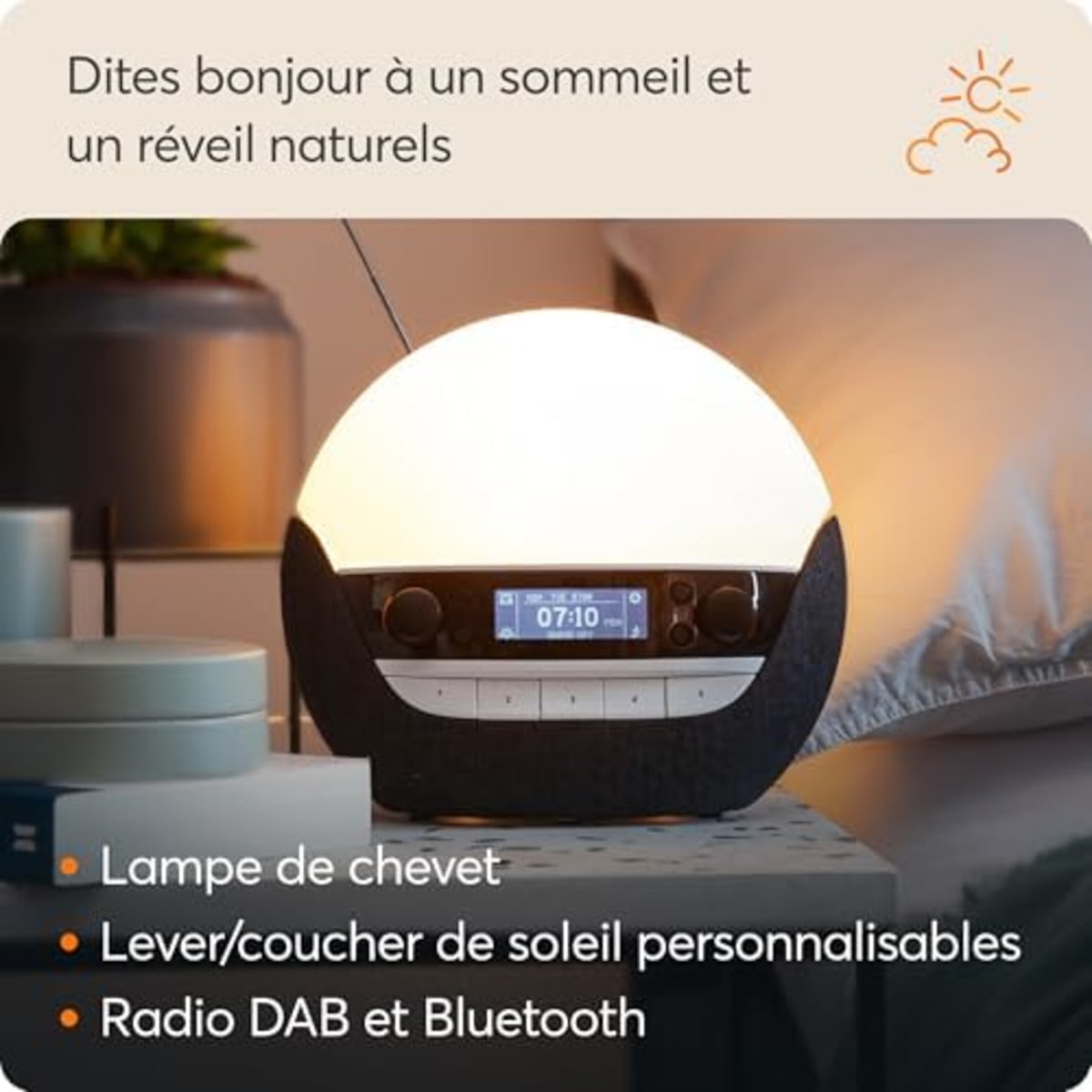 Écran du Lumie Bodyclock Luxe 750DAB affichant les réglages audio et lumière