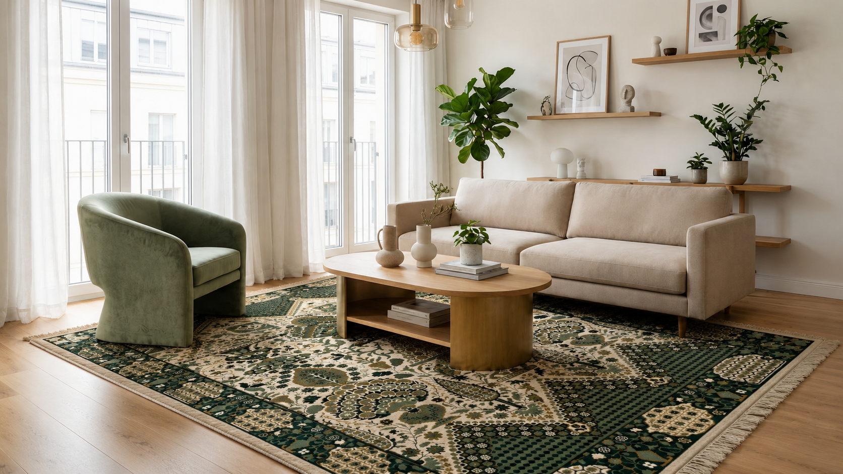 tapis fleurial vert, tapis artisanal tunisien