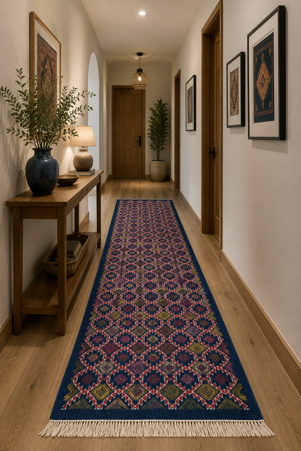 kilim bleu couloir, tapis artisanal tunisien