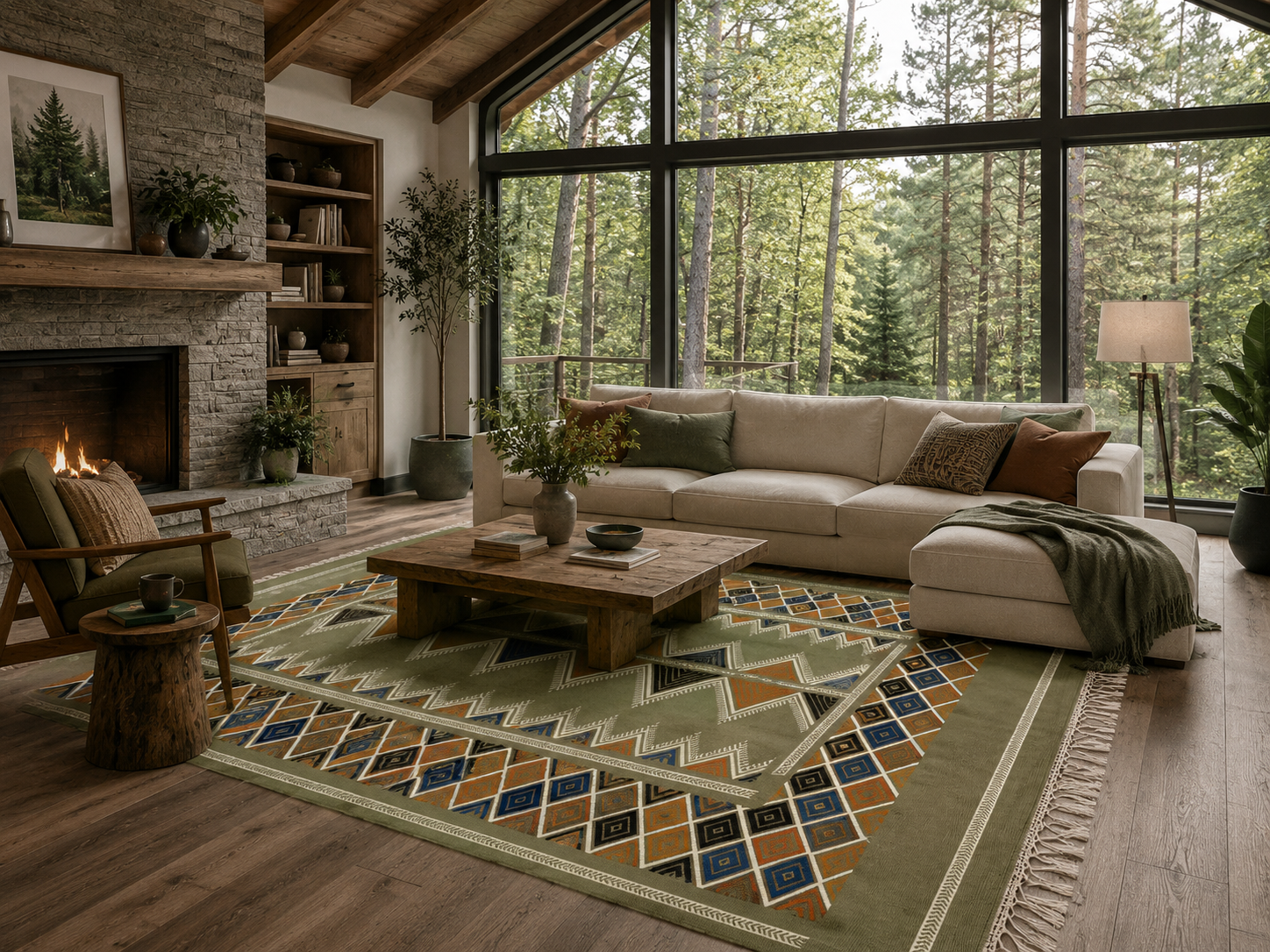 kilim vert, tapis artisanal tunisien