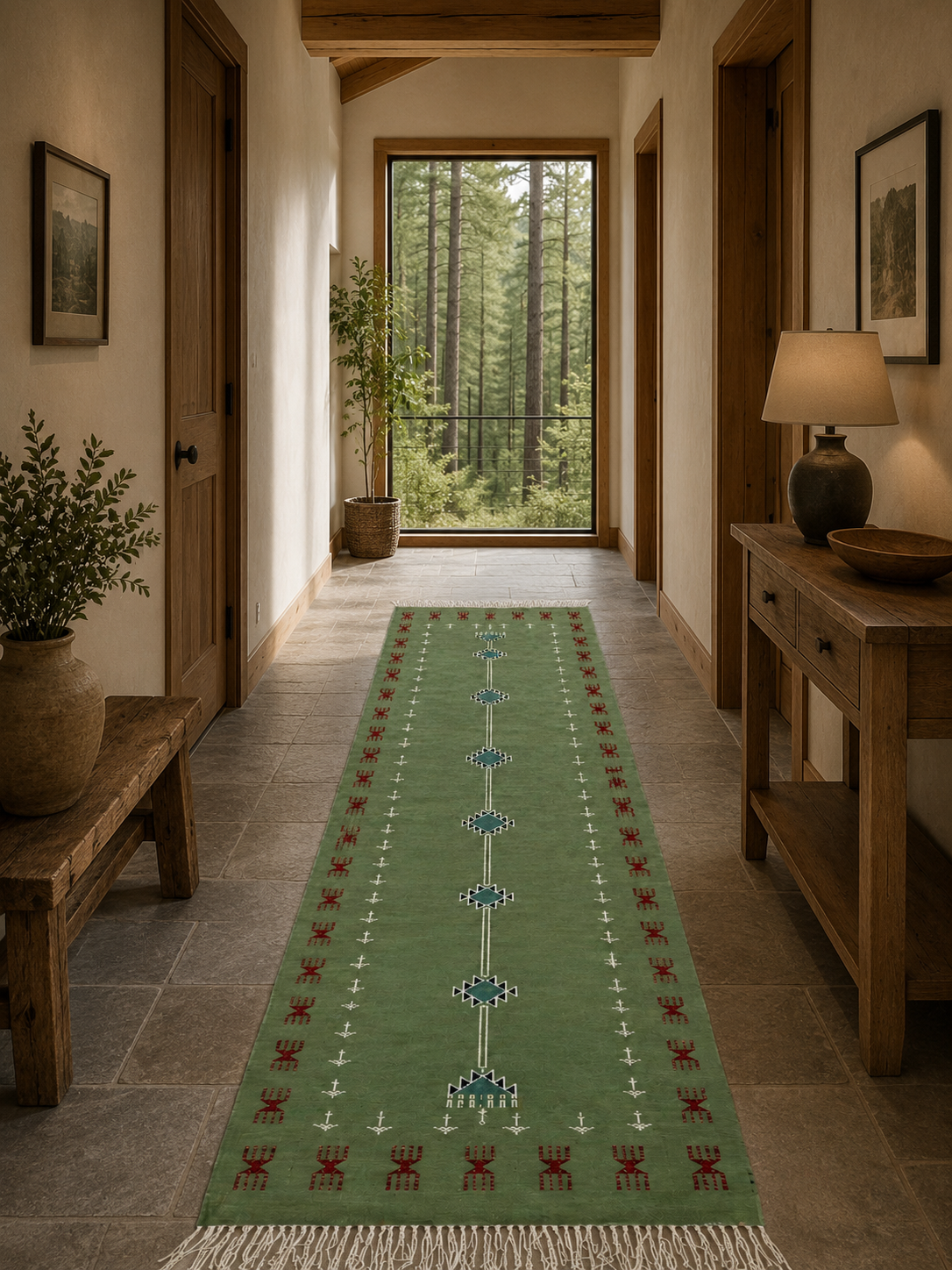 killim bérbere vert couloir, handmade Tunisian rug