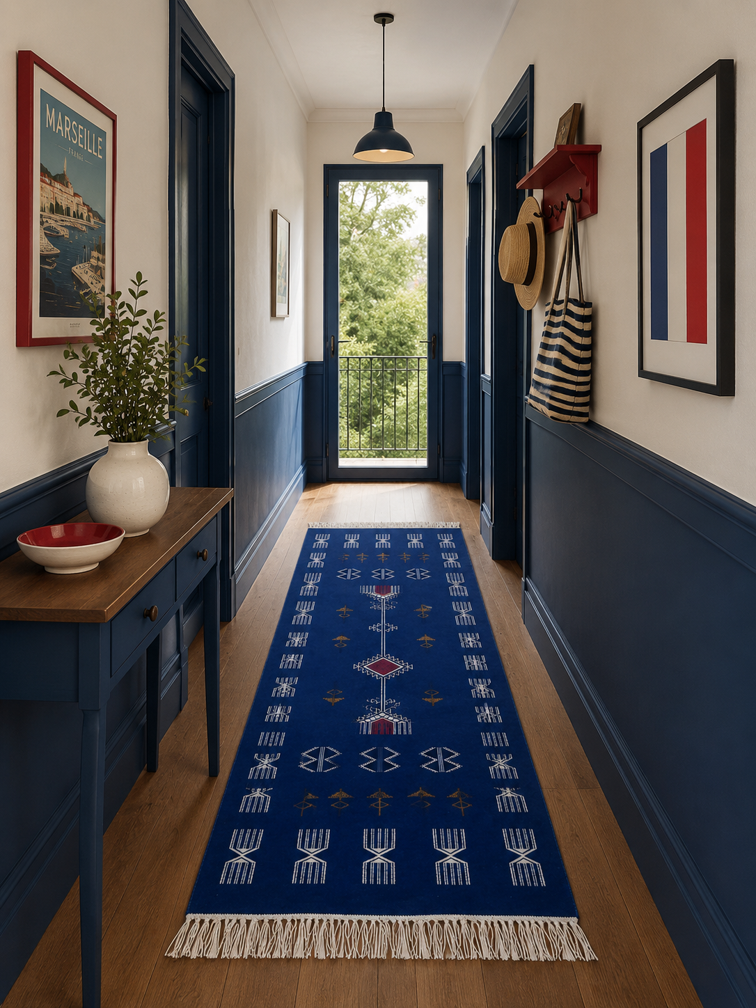 killim bérbere bleu couloir, handmade Tunisian rug