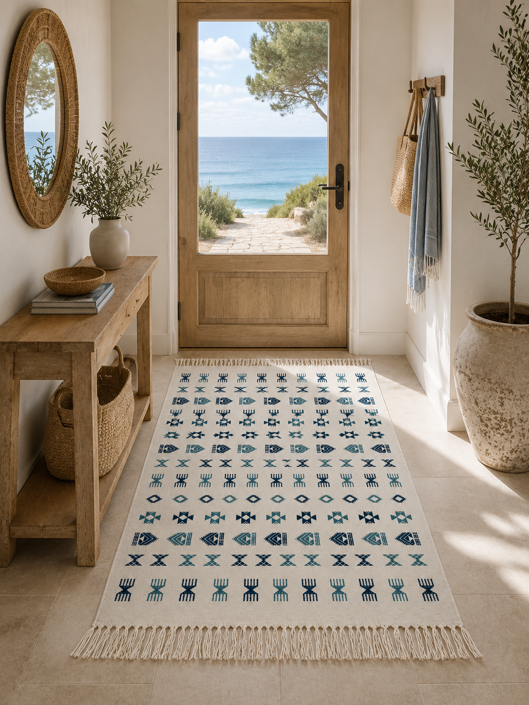 Margoum berbère bleu blanc, handmade Tunisian rug