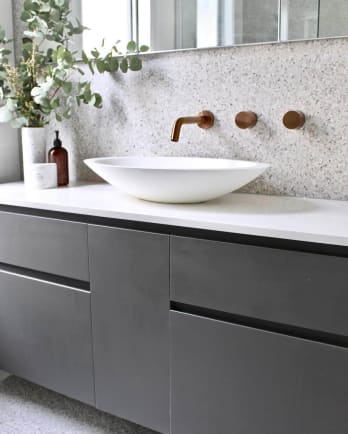 sleek Thornbury, Melbourne bathroom renovation, bronze bathroom fittings