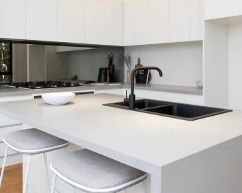 Northcote, Melbourne Kitchen Renovation. Black kitchen sink with white finishes