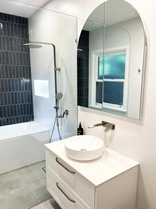 Preston Melbourne Bathroom renovation. green tile pattern in a shower shelf