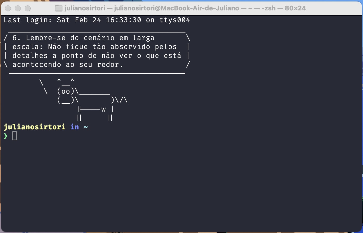 Terminal showing the use of cowsay-pragmatic-programmer, displaying a quote