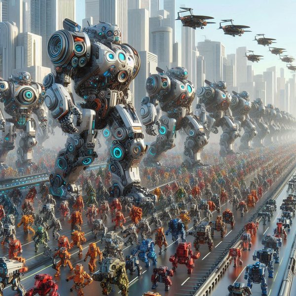 An army of specialized slave robots. Generated with Copilot.