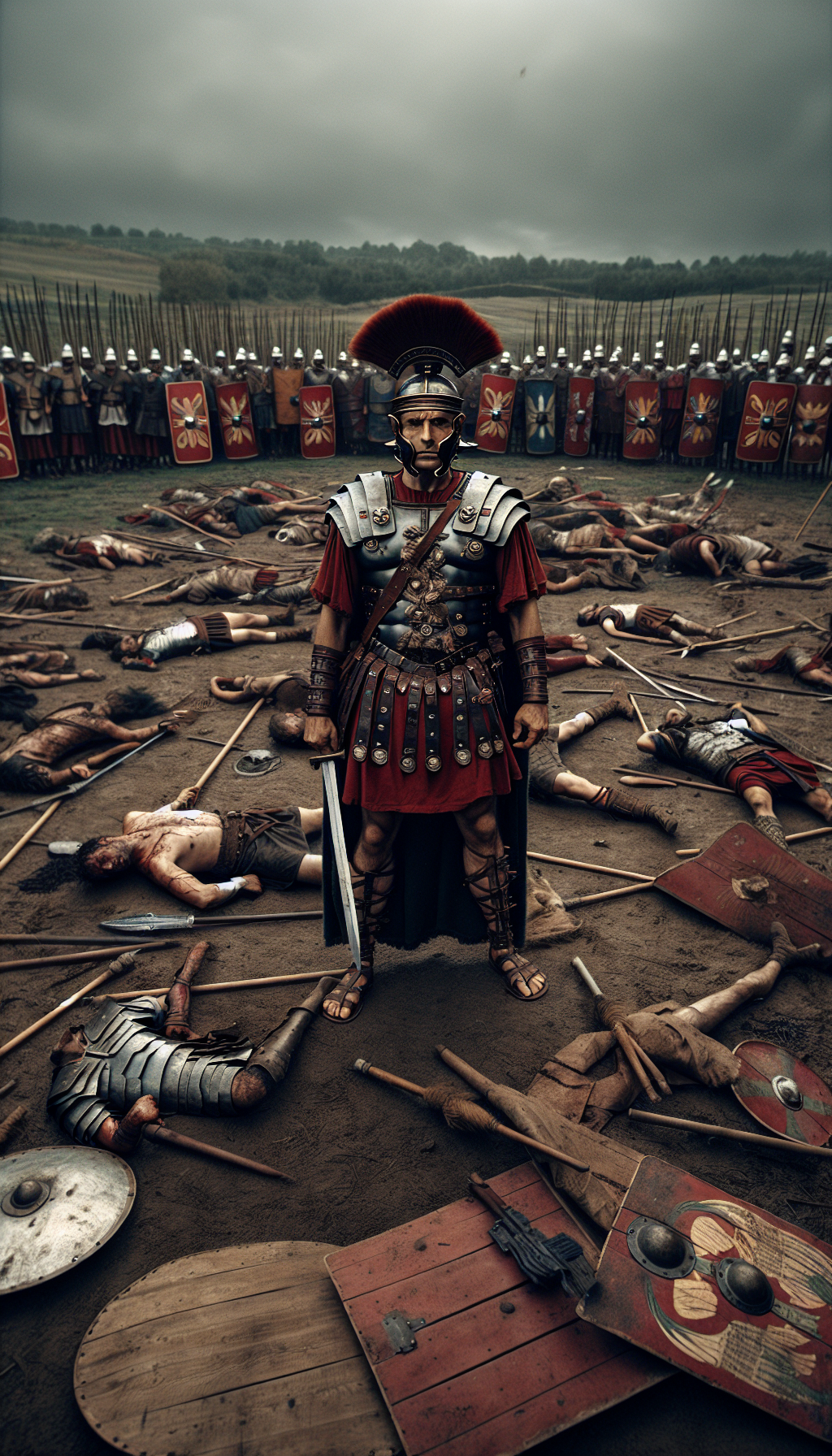 A roman general standing in front of murdered soldiers.