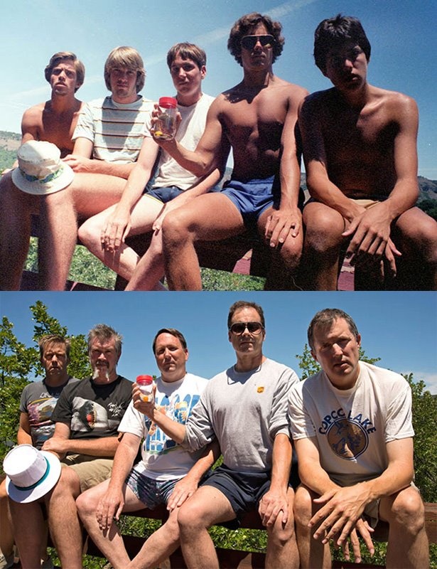 A photo of friends reuniting after decades.