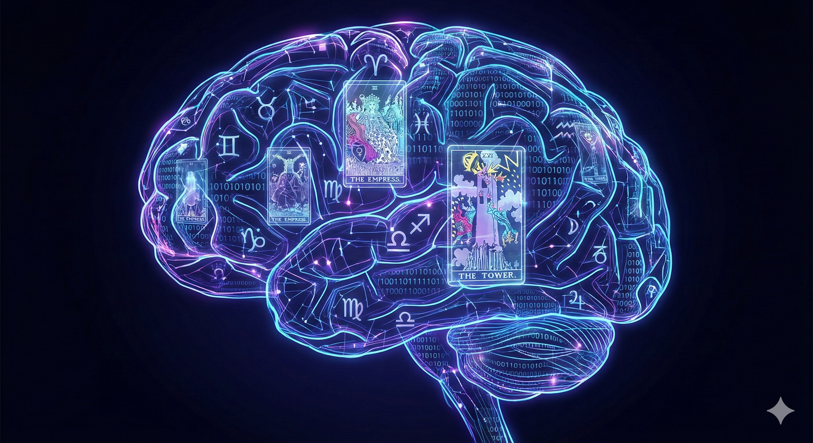 A futuristic illustration of a brain-like structure made of glowing lines, with digital tarot cards and astrological symbols integrated into its network, symbolizing a digital library of archetypes.