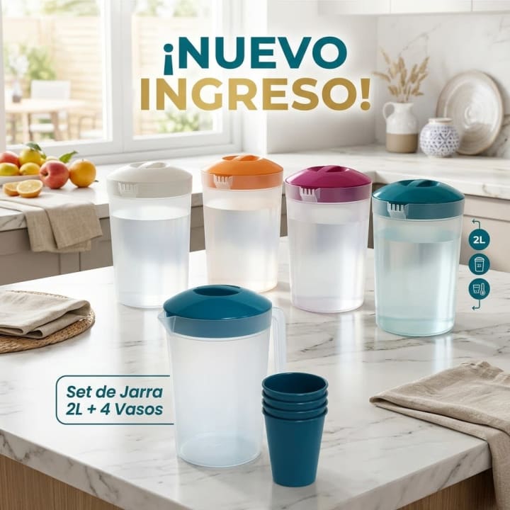 Set jarra plástico 2L+ 4 vasos