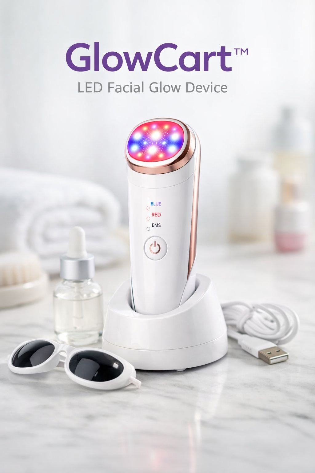 Woman using a portable LED facial mask device at home