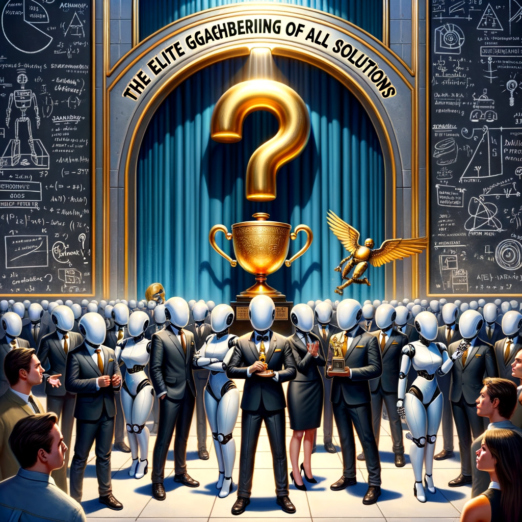 A group of stylized robots in business suits stands proudly in front of an oversized, gleaming door labeled 'The Exclusive Club of All Answers.' The robots are posing for a photo, holding a golden trophy shaped like a question mark. Behind them, a giant chalkboard filled with scribbled equations, doodles, and ridiculous to-do lists is barely visible. A banner overhead reads 'Confidence is Key!' while a few puzzled humans peer in from the side, scratching their heads, photographic style. Alt Text