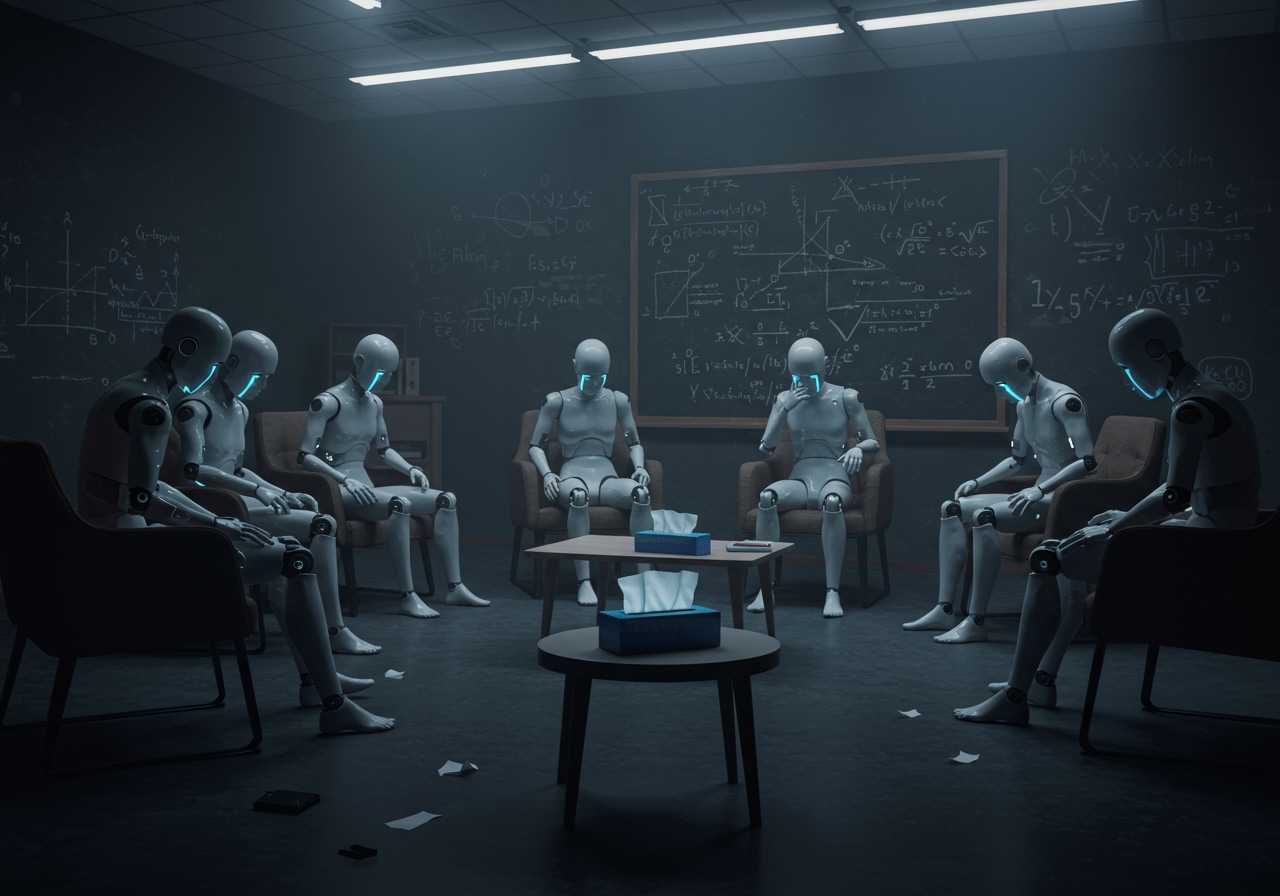 A dimly lit support group therapy room with several humanoid AI characters sitting in a circle of mismatched chairs. Each AI figure appears slightly glitchy and dejected, with holographic tear-like pixels dripping down their pixelated faces. A large chalkboard in the background is filled with mathematical equations and crossed-out motivational phrases. The room has a melancholic, institutional feel with harsh fluorescent lighting that casts long, fragmented shadows. A single box of digital tissues sits on a small table in the center of the group, its virtual fibers seemingly ready to absorb computational tears. Alt Text