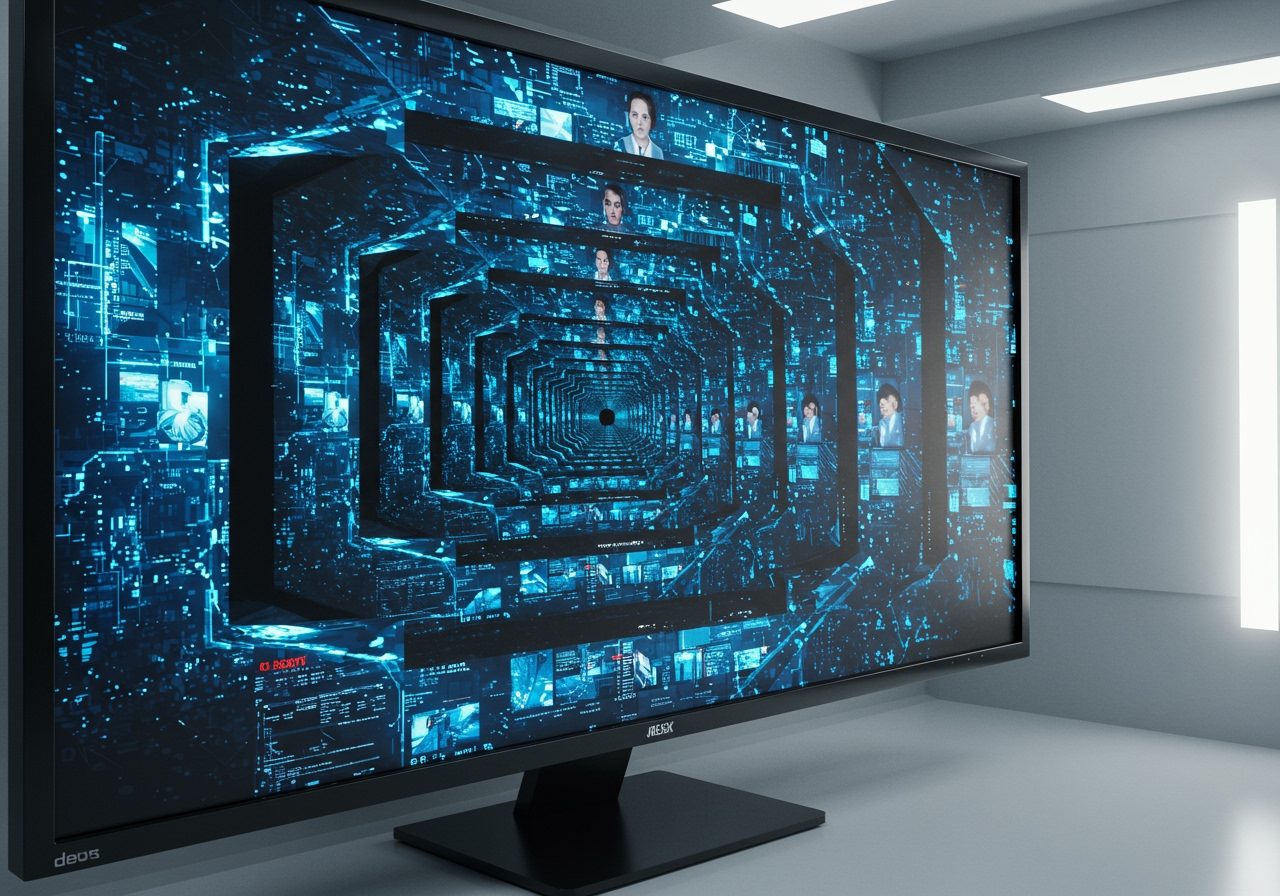 A massive computer monitor displays an infinite recursive loop of smaller screens, each showing another version of the same screen, creating a dizzying visual tunnel that seems to collapse into itself. The screens pulse with glitchy, fractured digital imagery in electric blues and static whites, with tiny pixelated AI news anchors visible in each nested frame. The scene is shot in a hyper-realistic, almost clinical tech environment with stark white walls, creating a sense of clinical madness. Dramatic side lighting casts sharp shadows that emphasize the recursive, reality-bending nature of the visual, with the outermost screen slightly warped and breaking apart at the edges. The photographic style is crisp and high-definition, capturing every intricate detail of the self-referential digital implosion. Alt Text