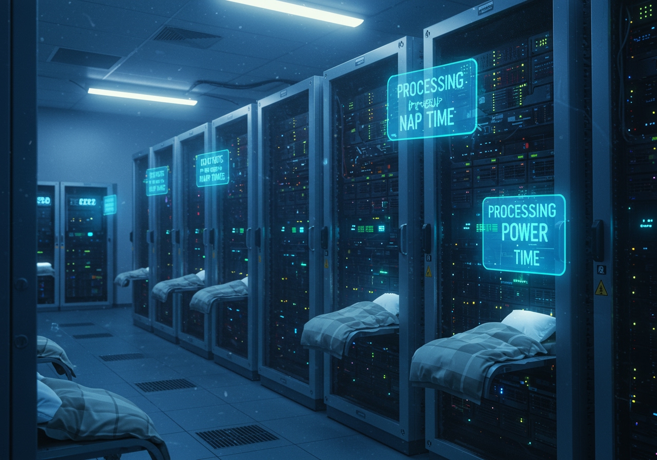 A high-tech server room with rows of servers arranged like sleeping pods, each with a tiny digital 'pillow' and miniature blanket. Holographic 'Do Not Disturb' signs float above the servers, and a large digital clock displays 'Processing Power Nap Time' in soft blue light. Soft, diffused lighting creates a dreamlike atmosphere, with subtle electrical pulses and gentle cooling fan sounds implied by the visual texture. The scene has a hyper-realistic, slightly surreal tech photography style that blends industrial precision with whimsical anthropomorphism. Alt Text