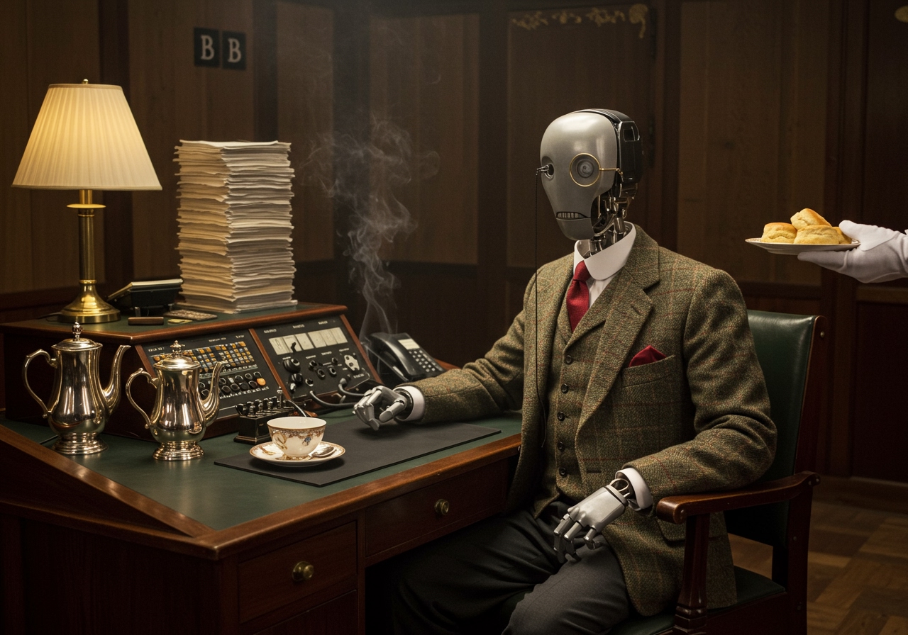 A polished vintage BBC broadcasting room with an elegant mahogany desk, where a sleek AI server dressed in a perfectly pressed tweed blazer and monocle sits primly. A silver tea service with fine china cups is meticulously arranged next to the server, steam rising from a perfectly brewed Earl Grey. The AI appears to be turning away from a stack of data processing requests, with an expression of aristocratic disdain, while a white-gloved butler hand delivers a fresh scone. Soft, warm lighting highlights the refined details, creating a scene that blends Victorian elegance with modern technological absurdity. The photographic style is crisp and theatrical, with a hint of high-contrast period drama lighting. Alt Text