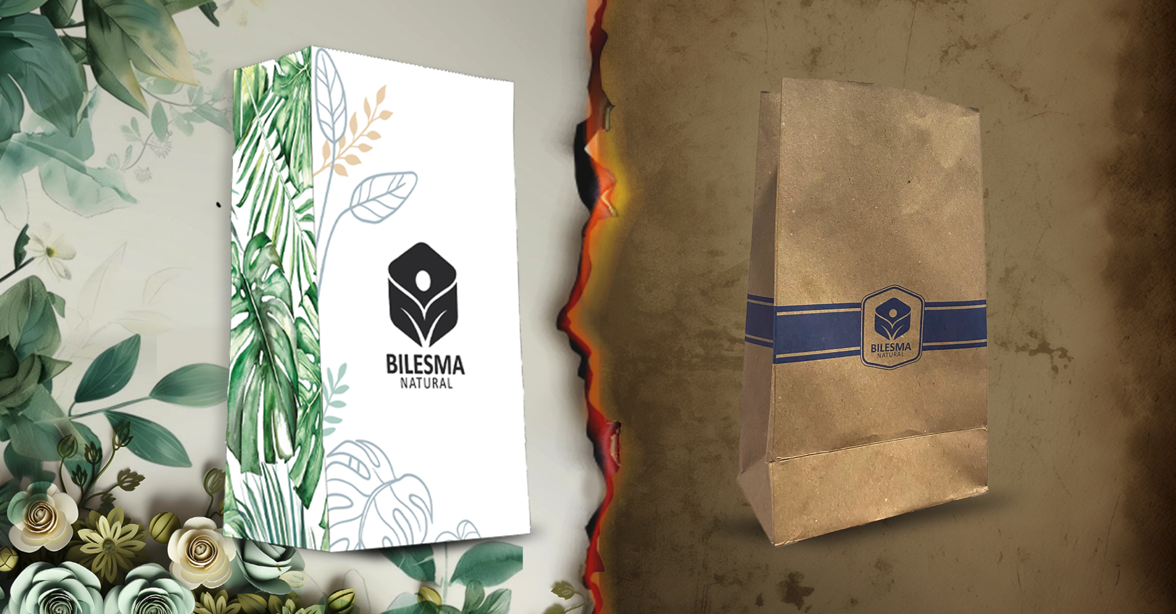 Bilesma Natural packaging before and after redesign — old kraft bag vs new botanical design