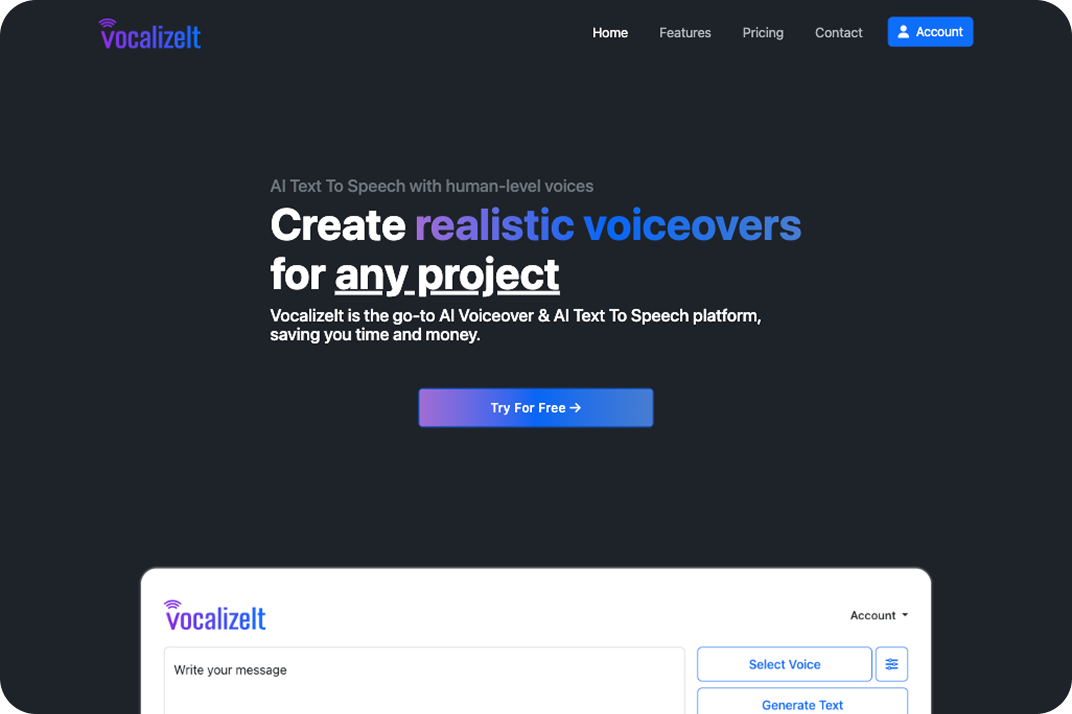 VocalizeIt - AI Text to Speech Platform Screenshot