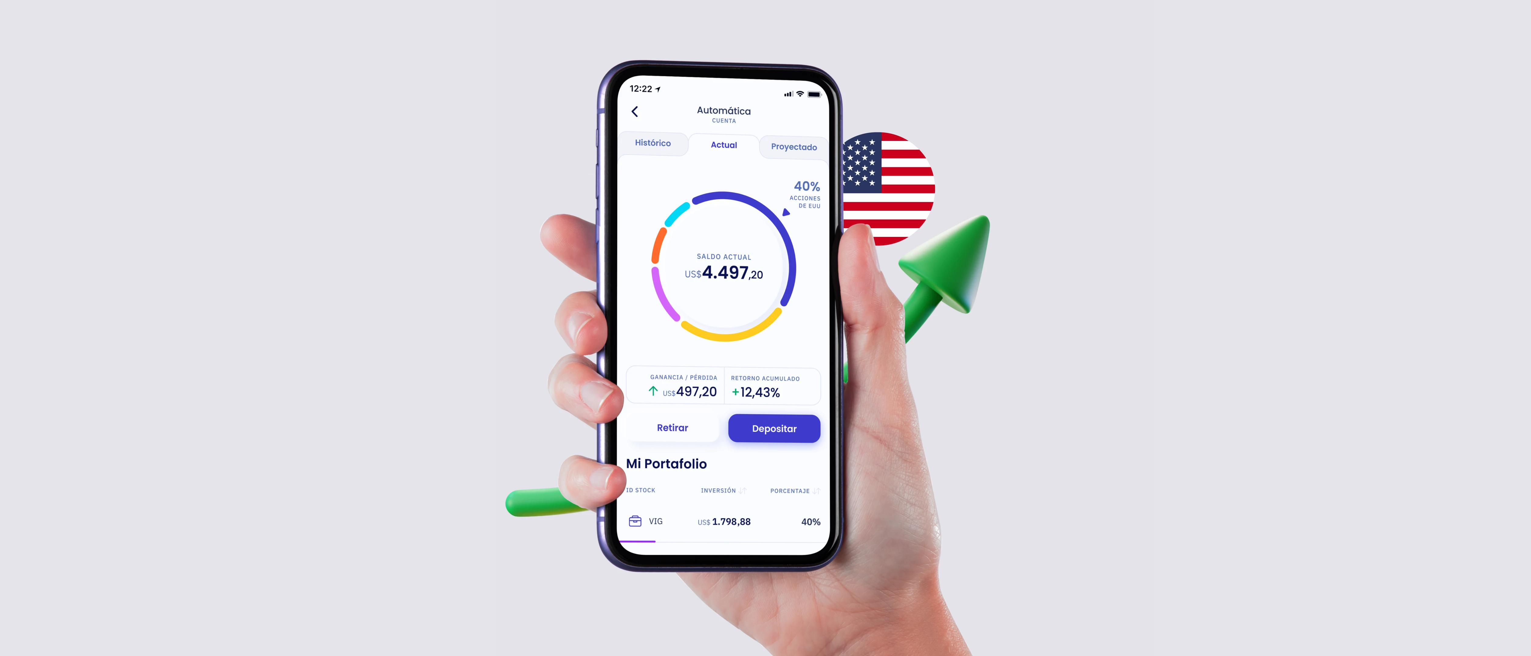 A hand holds a cell phone with the Quiena investments app.