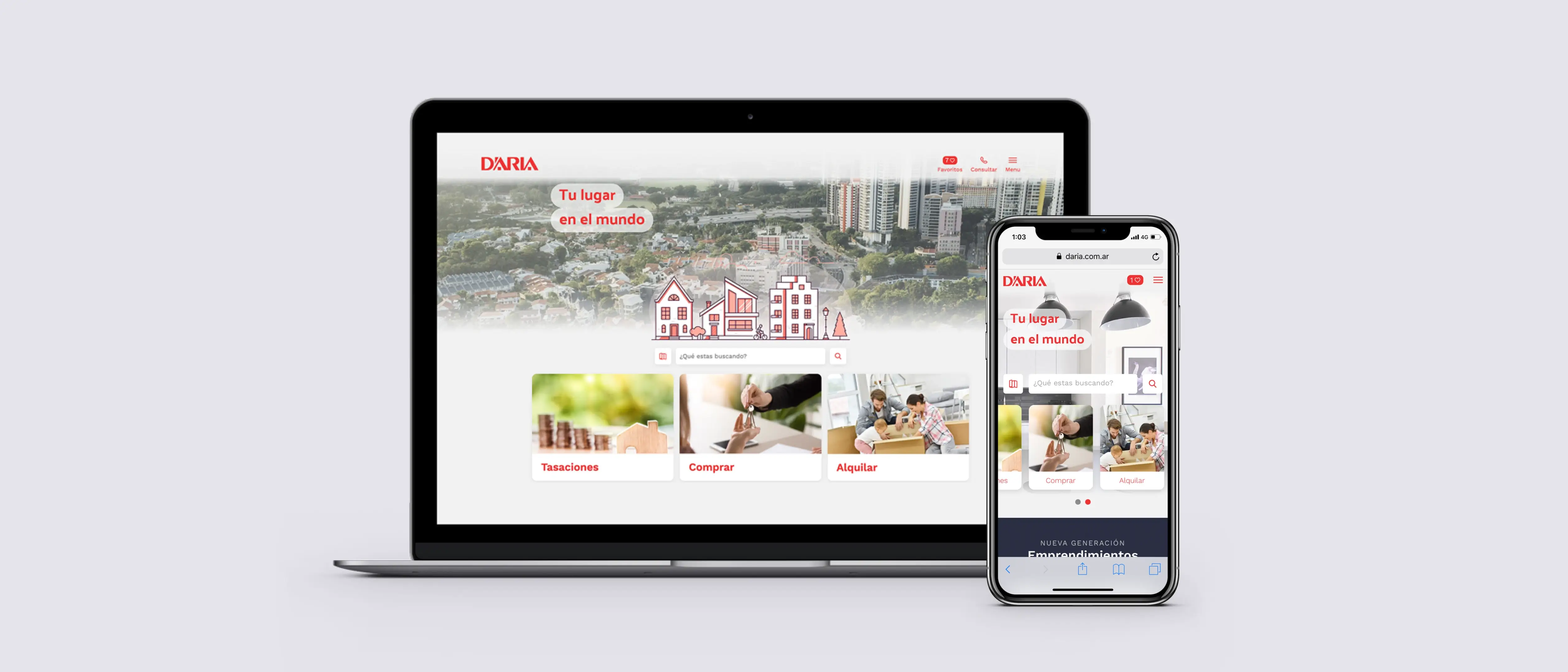 Preview of a laptop and a phone with the D'aria platform's homepage