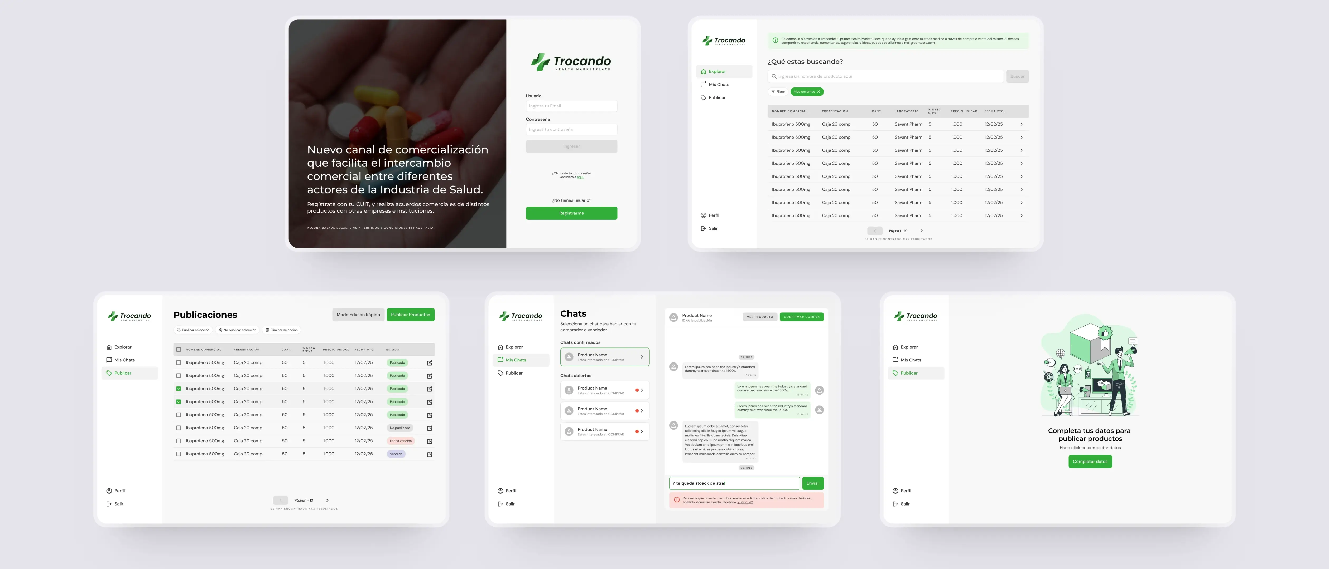 Final screens of the Trocando platform.