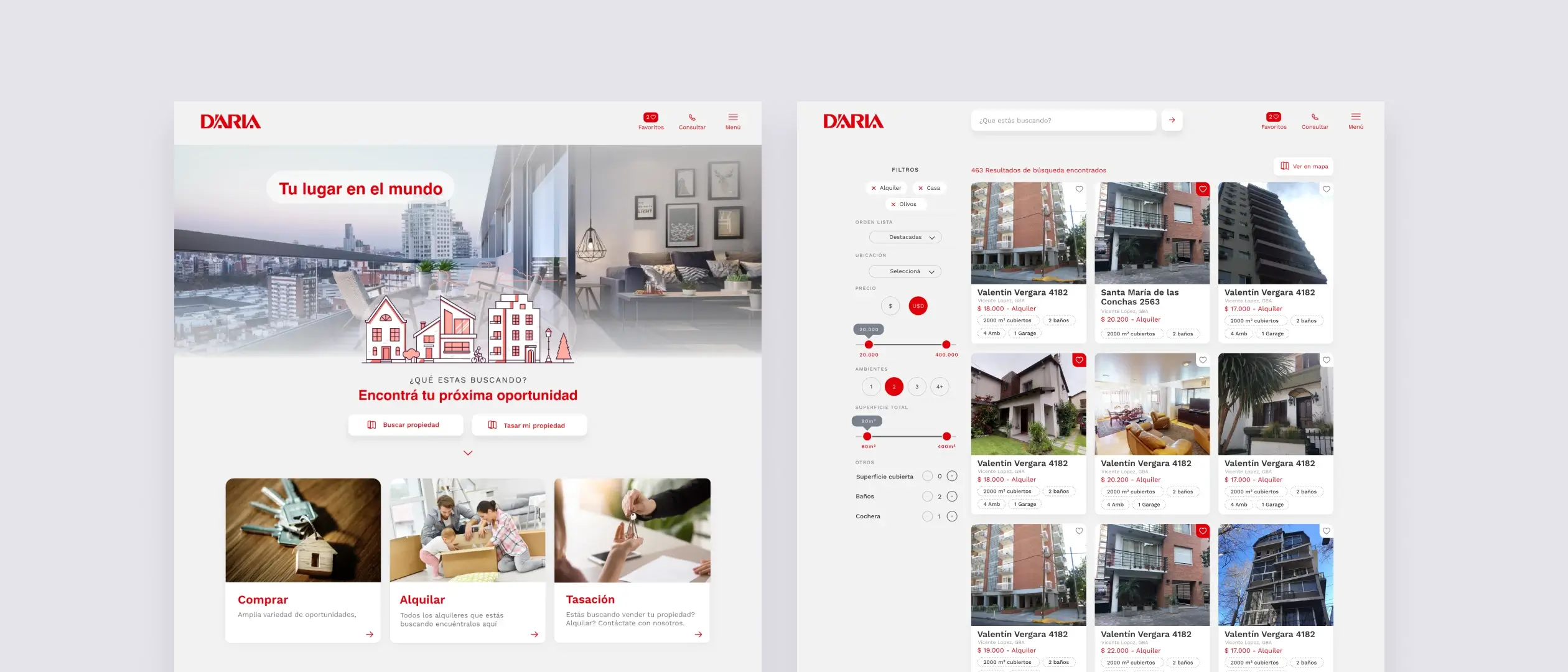 High-quality desktop design view of D'aria Propiedades, featuring the home page on the left and a list of properties with the search and filtering bar on the right
