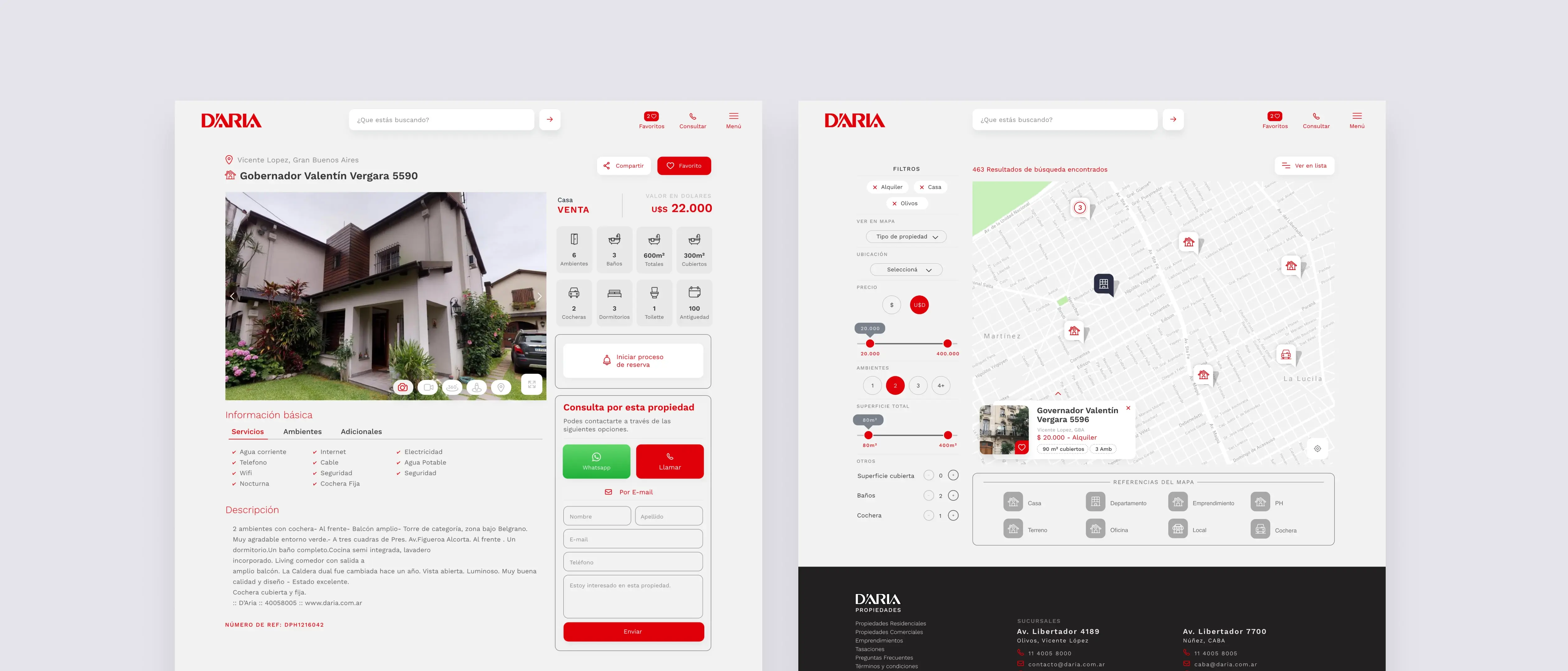 High-quality desktop design view of D'aria Propiedades, showing the product card for a house on the left and the map search view on the right