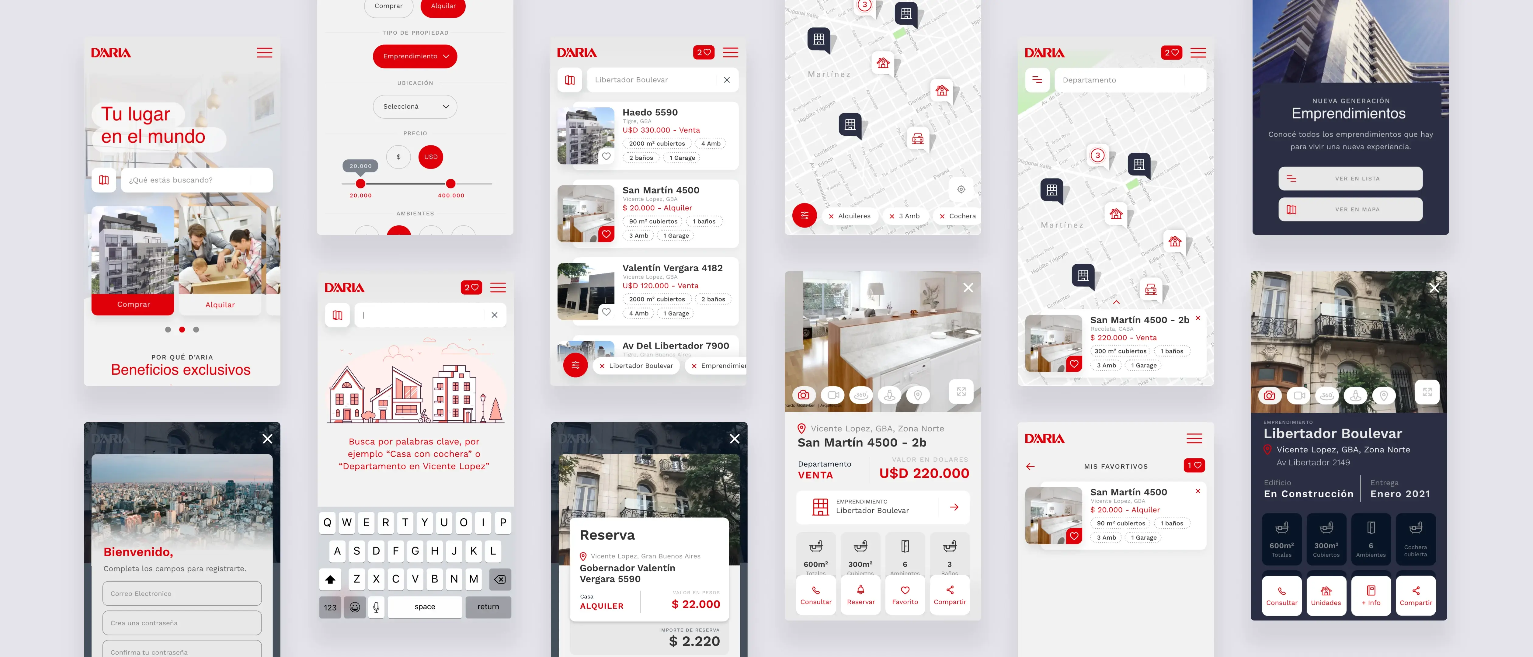 Several screens of D'aria Propiedades with the new user experience