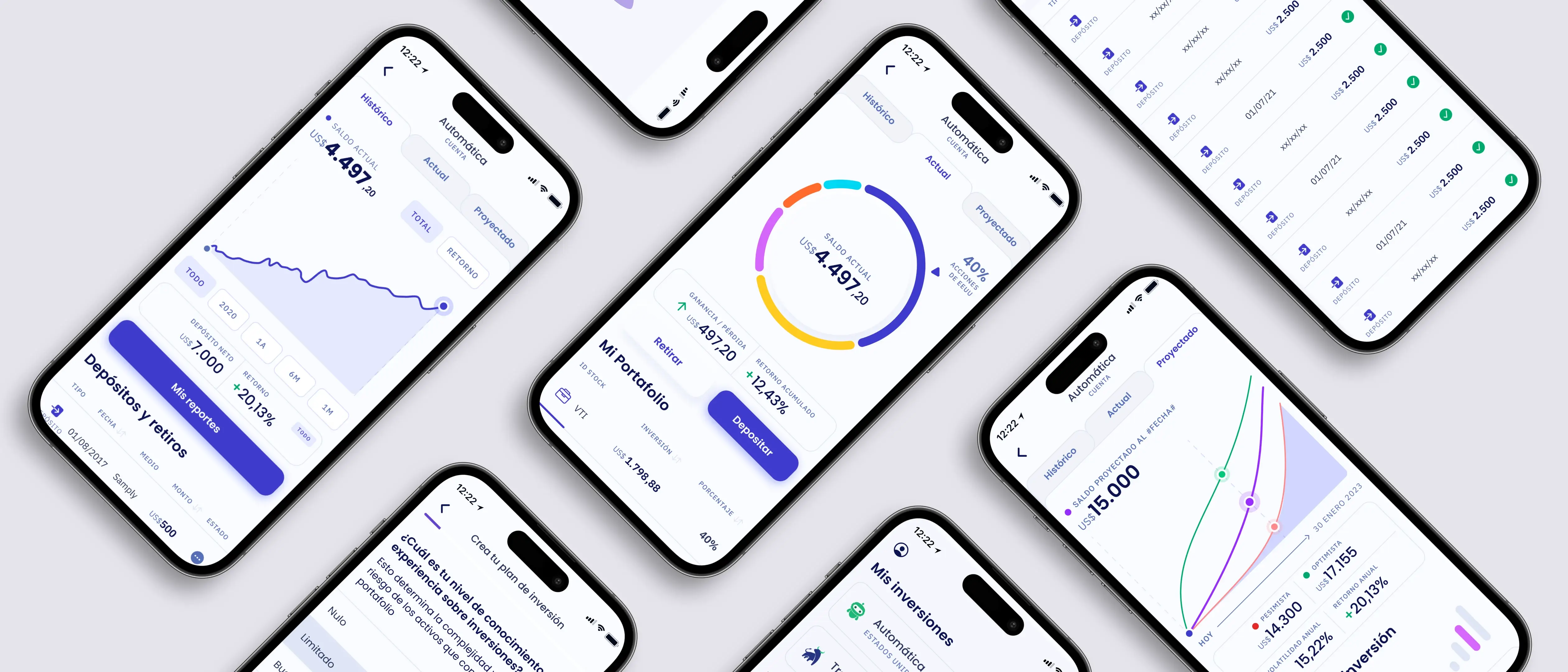 Different screens of the final result of Quiena Automática, featuring the product's main screen, projection view, and historical data