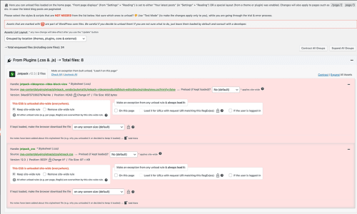 Asset Cleanup plugin example showing scripts and stylesheets blocked site-wide and how the administrator can configure exceptions to the site-wide rule