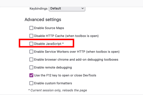 Location of the disable Javascript Option in Firefox DevTools