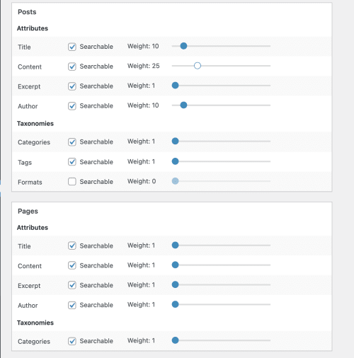 Elasticpress weight configuration for WordPress posts and pages