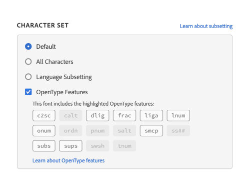 Fontkit OpenType feature dialogue detail