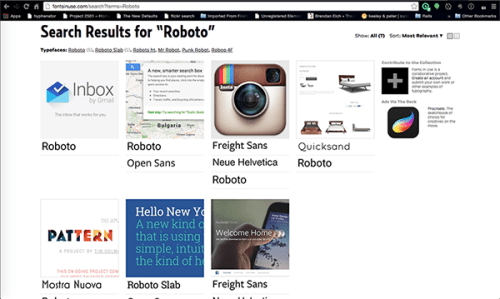 Example screenshot from fontsinuse.com with samples of sites/apps using Roboto as their font