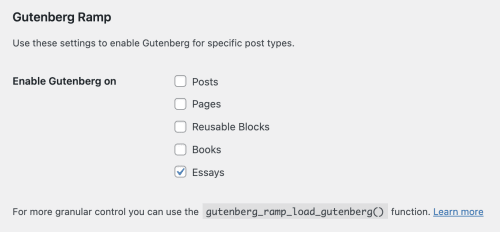 Gutenberg Ramp settings screen showing how to choose the post types that will use Gutenberg