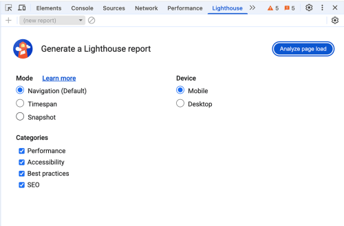 Initial view of Chrome DevTools Lighthouse tab