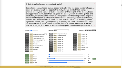 Section of the Wakamaifondue site showing OpenType features and variable fonts axes