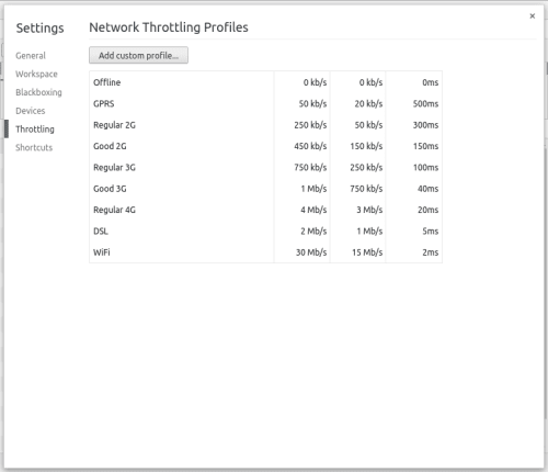 Available network condition presets and the option to add custom ones