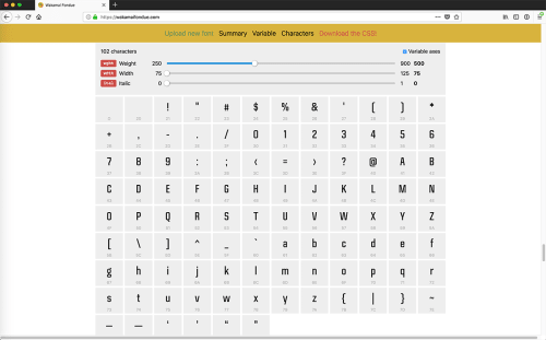 Wakamaifondue VF font character listing