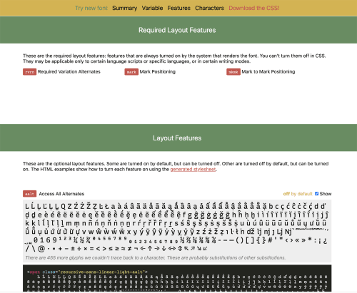 Example of Wakamaifondue's display of OpenType layout features