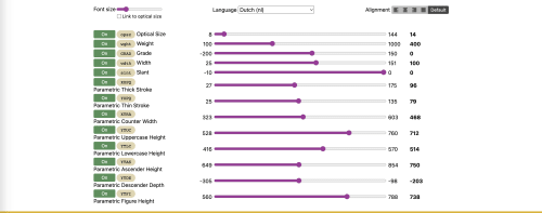 List of Roboto Variable Font axes, both default and custom