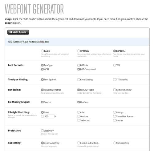 Font Squirrel WebFont Generator Upload and Basic selections