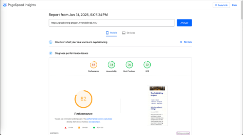 Lighthouse results for a URL using PageSpeed Insights