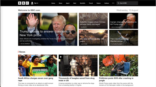 BBC homepage in English, a top to bottom and left to right language