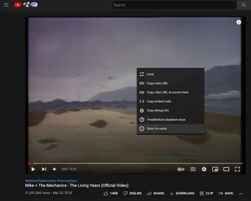 YouTube contextual menu, showing stuff for nerds at the bottom